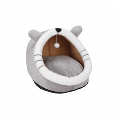 Grizzly Hungry Cat Cave Grey Plush + Cotton Grey Cat Bed - Large 45 x 45 x40cm