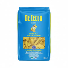 De Cecco Fusilli pasta package on a white background