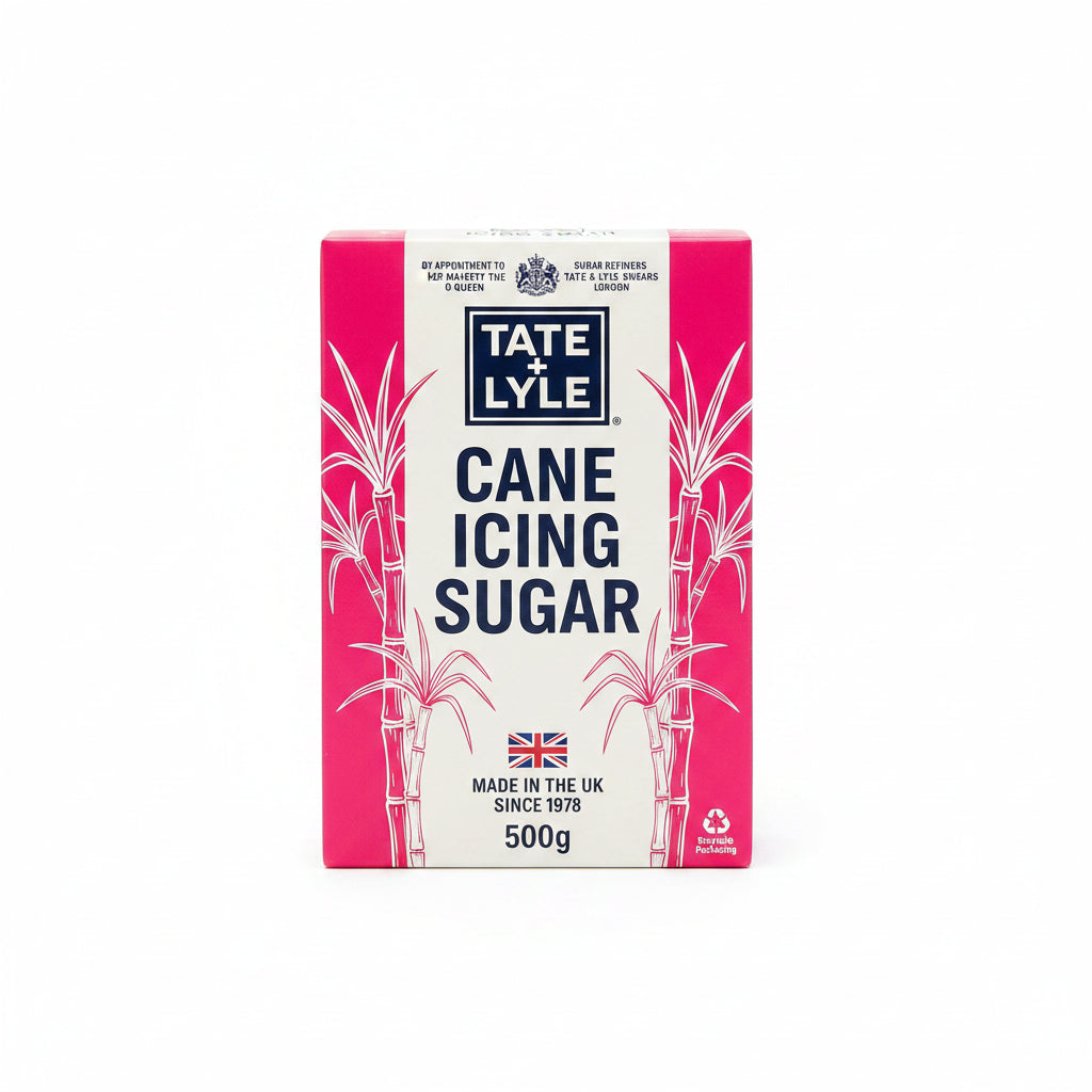 Tate & Lyle cane icing sugar packaging with pink sides and white text on a white background