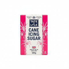 Tate & Lyle cane icing sugar packaging with pink sides and white text on a white background