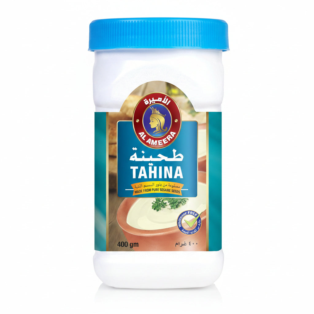 A 400g plastic jar of Al Ameera Tahina, featuring a white container with a bright blue screw-top lid and a colorful label showing a bowl of tahina and the Al Ameera brand logo.