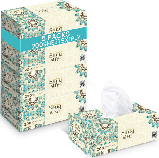 SOUQ AL FAJR Facial Tissue – 200 Sheets | 5 Boxes x 1 Packet | Soft & Premium