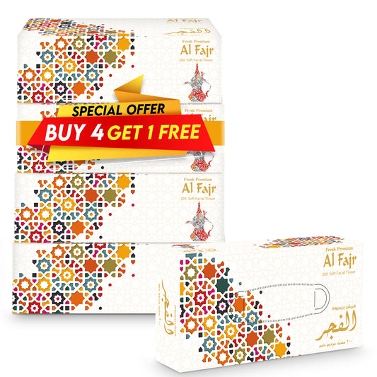 Al Fajr Facial Tissue – 200 Sheets | Soft & Strong 2-Ply | Buy 4, Get 1 Free!