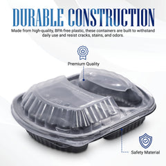 Oval Black Microwave Meal Prep Containers 2 Compartment With Lid