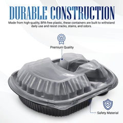 Oval Black Microwave Meal Prep Containers 3 Compartment With Lid