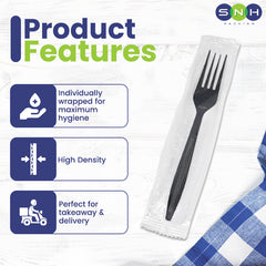 Fork Black HD Wrap Heavy Duty Individually Wrapped Disposable Plastic Forks