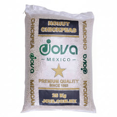 A 25 kg bag of Jova Mexico Nohut Chickpeas, featuring a white bag with green and gold branding and chickpea grains visible through the translucent material.
