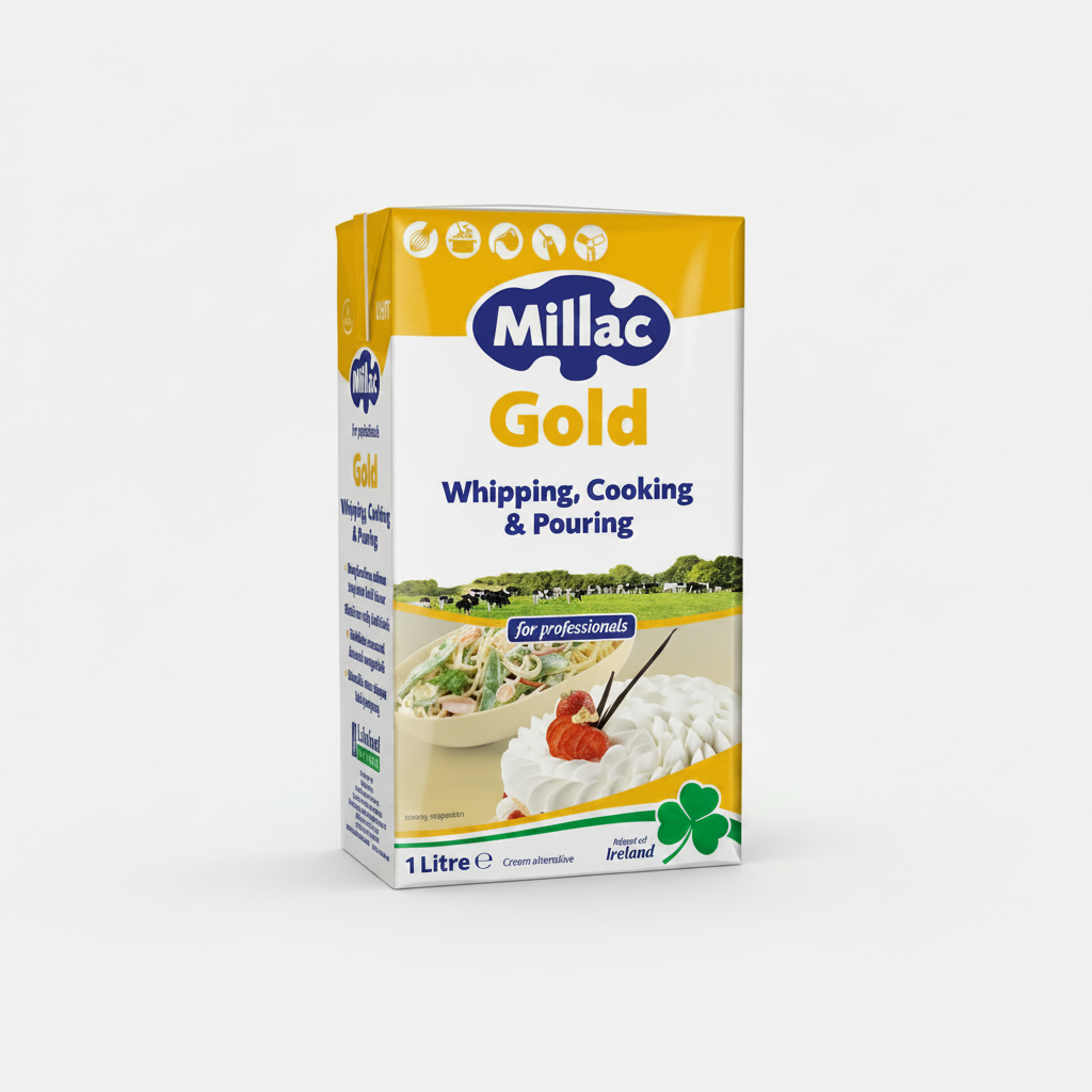 Millac Gold whipping, cooking, and pouring product packaging on a white background