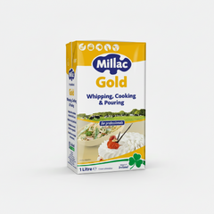 Millac Gold whipping, cooking, and pouring product packaging on a white background