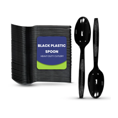 Clear & Black Plastic Spoons – Heavy Duty Cutlery | Disposable Catering Supplies