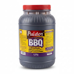 A 4.2kg plastic tub of Puidor Sauce BBQ Original, featuring a dark gray container, a red lid, and a yellow and purple label.