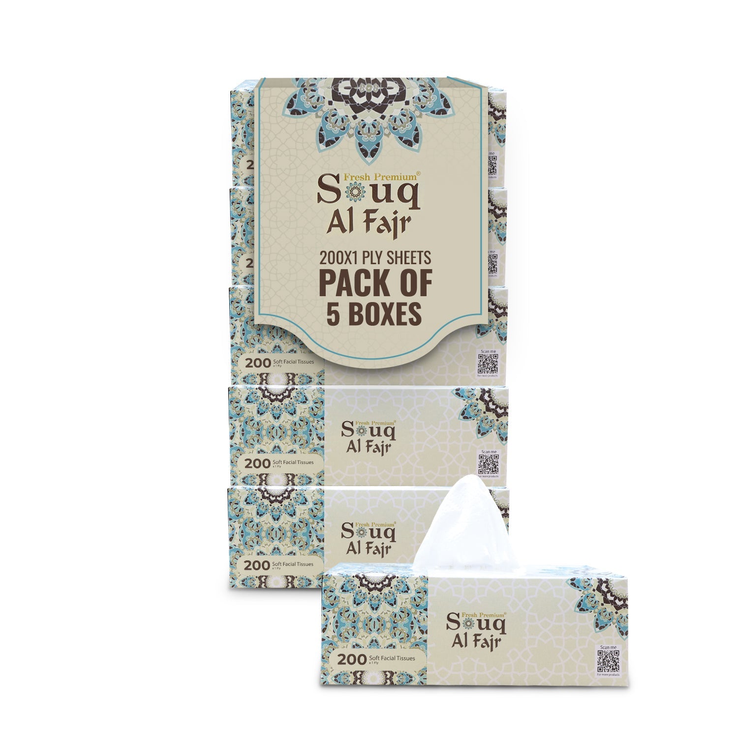 Souq Al Fajr Facial Tissue 200 Sheet 1 Ply Pack 5 Pieces - Your One Stop Solution UAE