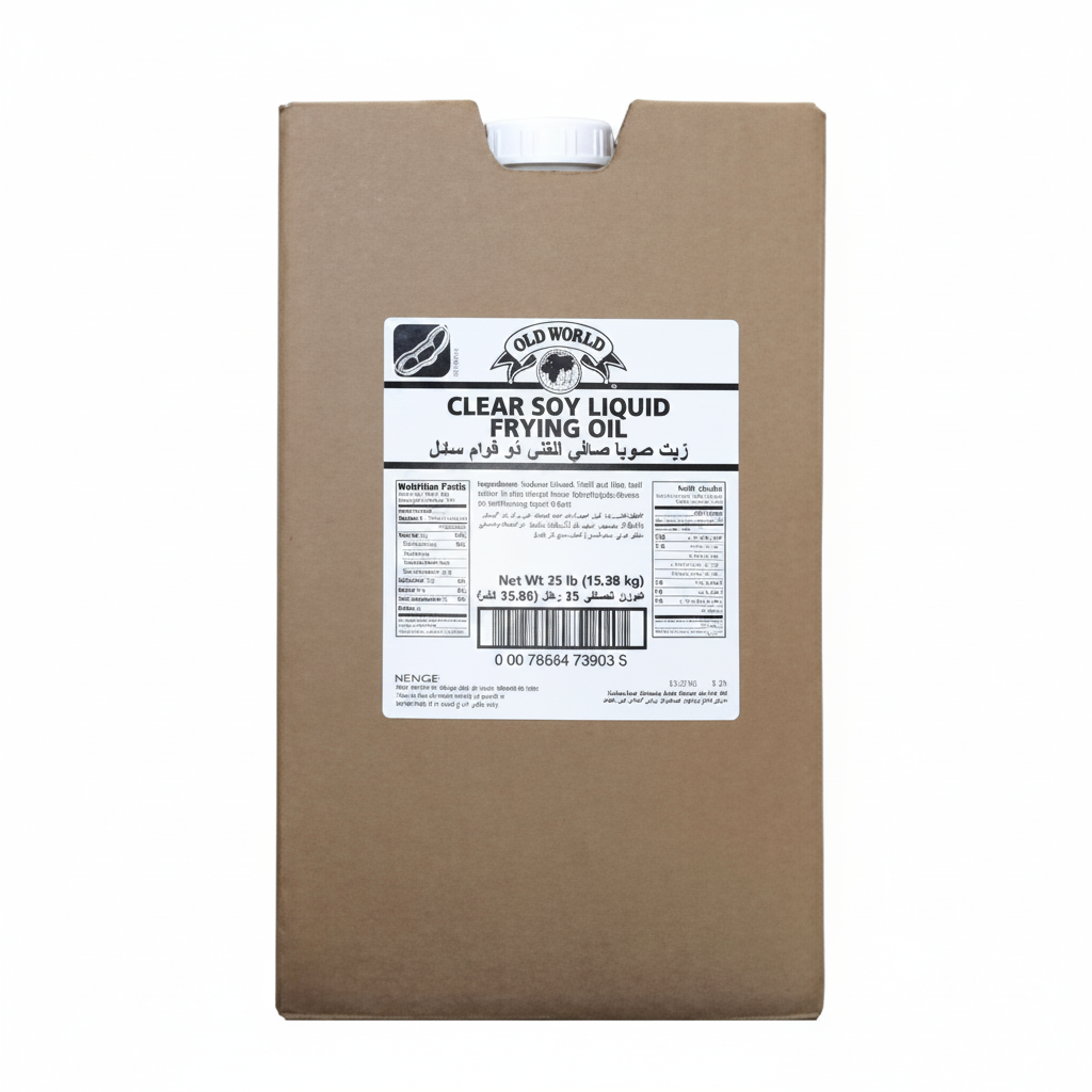 Cardboard box with a label for clear soy liquid frying oil on a white background
