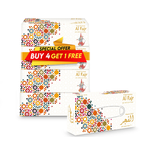 Al Fajr Facial Tissue – 200 Sheets | Soft & Strong 2-Ply | Buy 4, Get 1 Free!