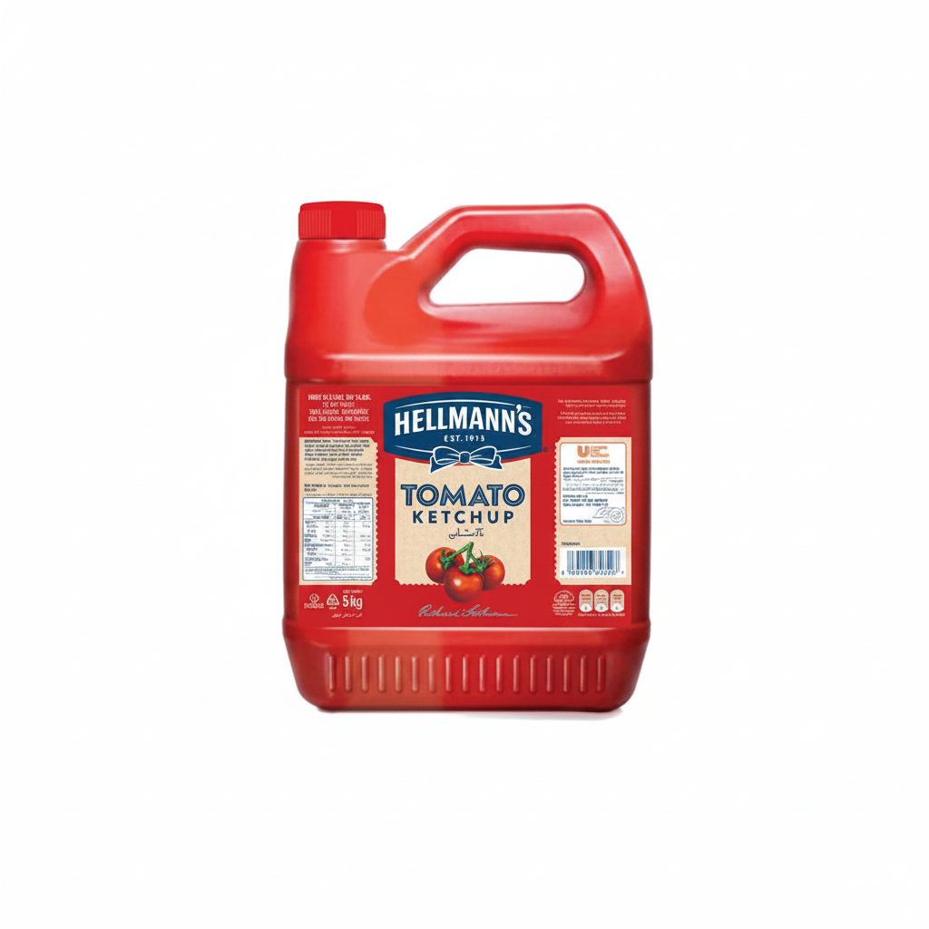 Red Hellmann's Tomato Ketchup bottle on a white background