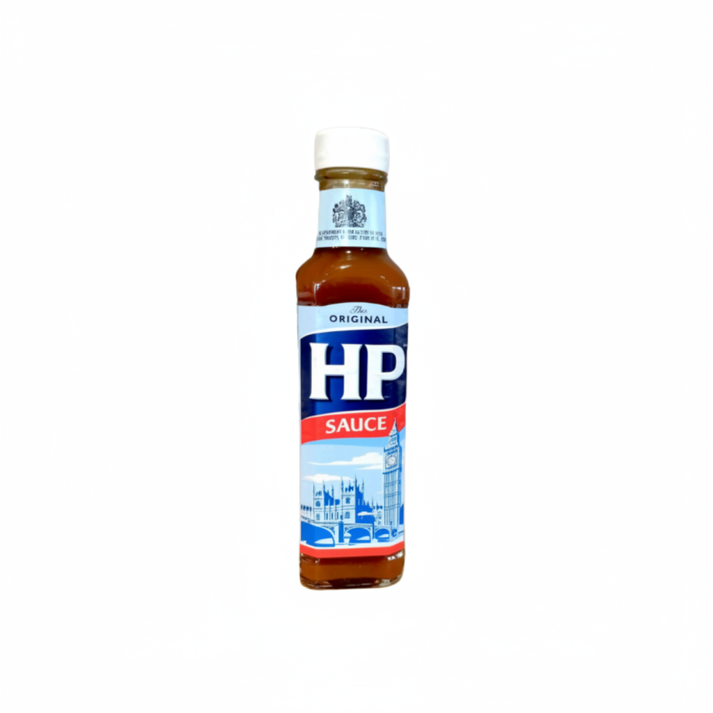 Bottle of HP sauce on a white background
