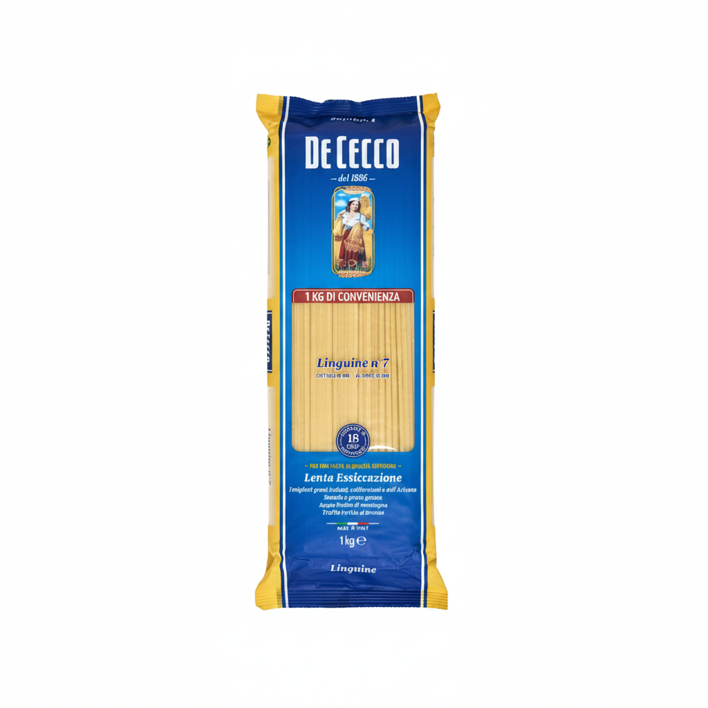 De Cecco pasta package on a white background