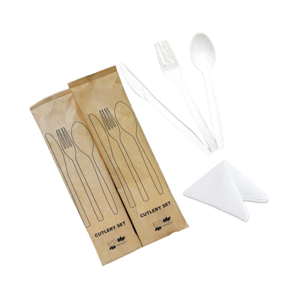PLA White Cutlery Set Fork Spoon Knife With Napkin - Your One Stop Solution UAE