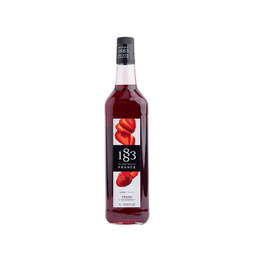 A bottle of 183 Strawberry Syrup from France, featuring a dark red liquid inside a clear glass bottle with a black cap and a white label decorated with fresh strawberries.