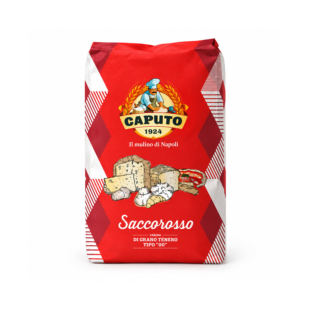 A red bag of Caputo Saccorosso flour, featuring the brand logo and illustrations of bread and cheese