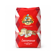 A red bag of Caputo Saccorosso flour, featuring the brand logo and illustrations of bread and cheese