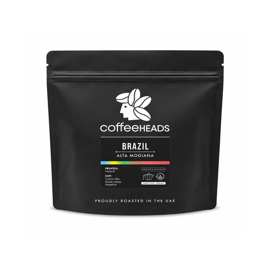 A black stand-up pouch of Coffeeheads Brazil Alta Mogiana coffee