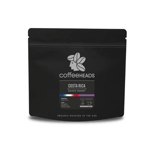 A black stand-up resealable pouch of Coffeeheads Costa Rica Raisin Honey coffee, shown with a soft shadow.