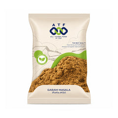 A package of ATF All Things Food by ESK Garam Masala, featuring a cream-colored bag with a photo of the brown ground spice mix on the front