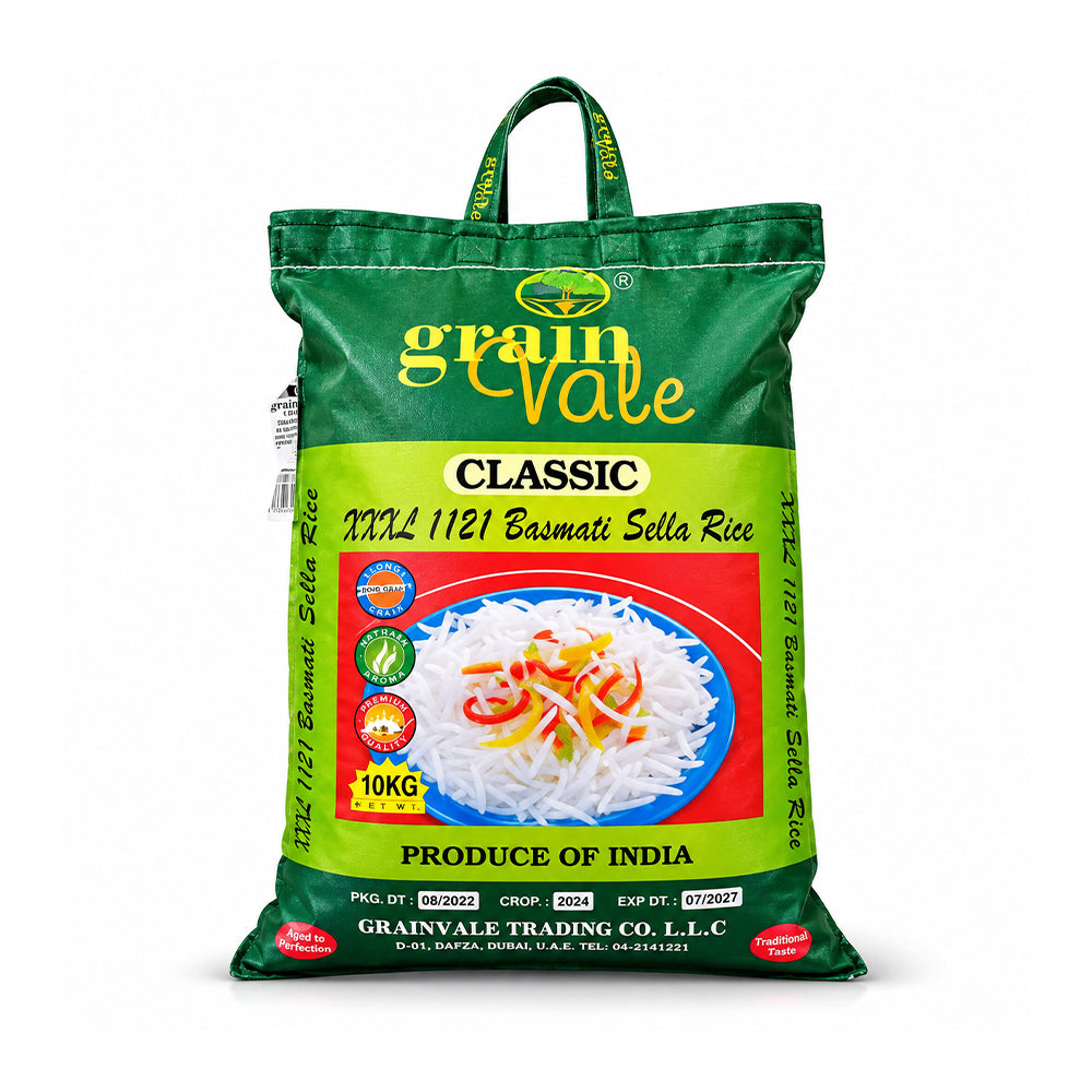 A 10kg bag of Grainvale Classic MLA 1121 Basmati Sella Rice. The bag is primarily green with a large yellow and red label in the center showing a plate of prepared rice.