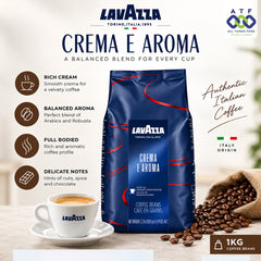Lavazza Crema e Aroma coffee beans in a dark blue 1kg bag, displayed with a white cup of coffee on a saucer, scattered coffee beans, and promotional text on a light background.
