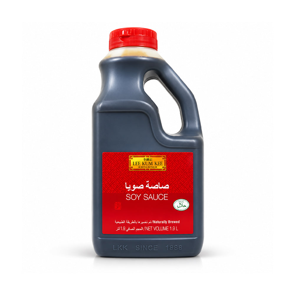 A 1.9 L plastic bottle of LKK Soy Sauce, featuring a dark gray body, a red cap, and a red label with white and gold text.