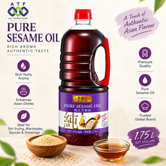 A 1.75L bottle of Pure Sesame Oil by Li Jin Ji, featuring a purple label and red cap, displayed with a wooden bowl of sesame seeds and a small glass of golden oil with promotional text and icons.
