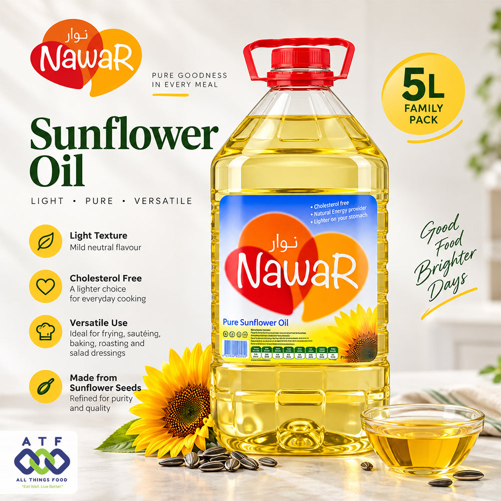 A 5L bottle of Nawar Pure Sunflower Oil displayed with sunflower seeds, a small glass of oil, and sunflower graphics. The image includes promotional text and brand logos for Nawar and ATF.