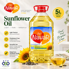 A 5L bottle of Nawar Pure Sunflower Oil displayed with sunflower seeds, a small glass of oil, and sunflower graphics. The image includes promotional text and brand logos for Nawar and ATF.