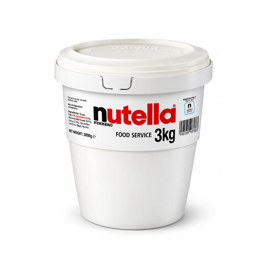A 3kg white plastic tub of Nutella Food Service with a matching white lid, featuring the red and black Nutella logo on the front label.