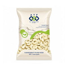 A package of ATF All Things Food by ATF Cashewnut Plain W320, featuring a cream-colored bag with a clear window showing the plain cashews inside, and green and blue branding details.