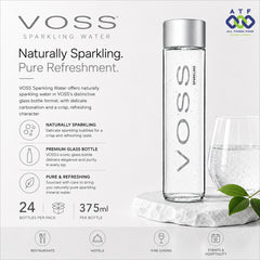 Voss Sparkling Water in a tall clear glass bottle with a silver cap, shown on a light gray promotional background with text, a wine glass, and a marble slab.
