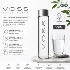 VOSS Still Water 800ml glass bottle and a matching glass of water on a marble surface, with product text, feature icons, and an ATP All Purpose Pool certification