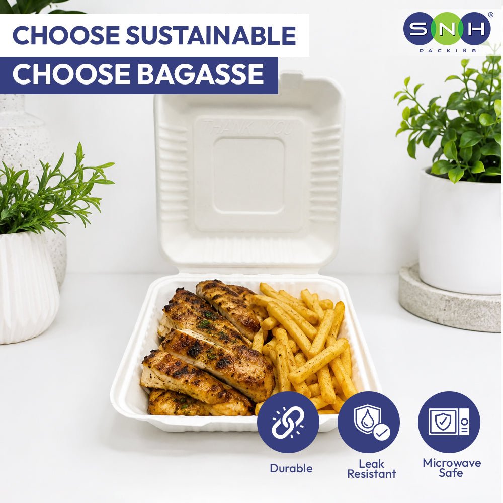 Bagasse Lunch Boxes 5x7 to 9 Inch Biodegradable Food Boxes - SNH Packing