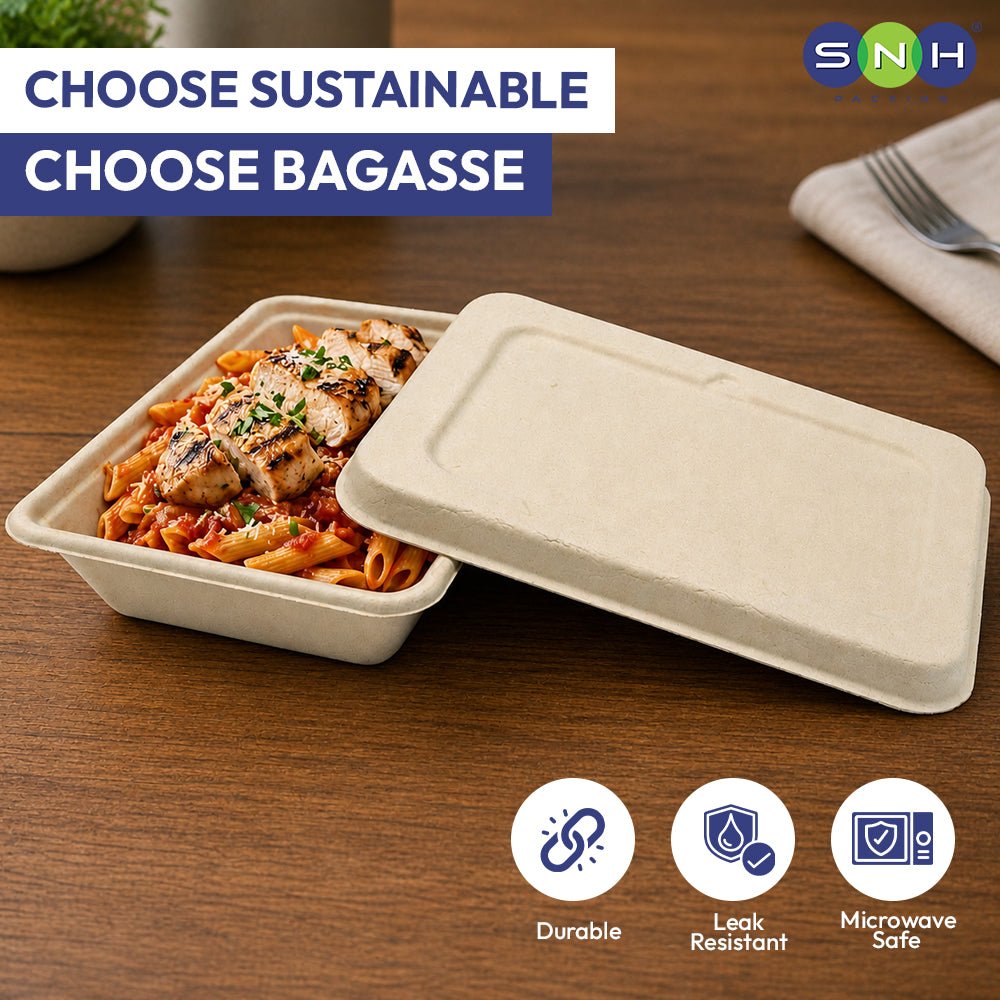 Bagasse Rectangular Container 500ml with Bagasse Lid – 500 Pieces | Wholesale Eco-Friendly Food Container UAE - SNH Packing
