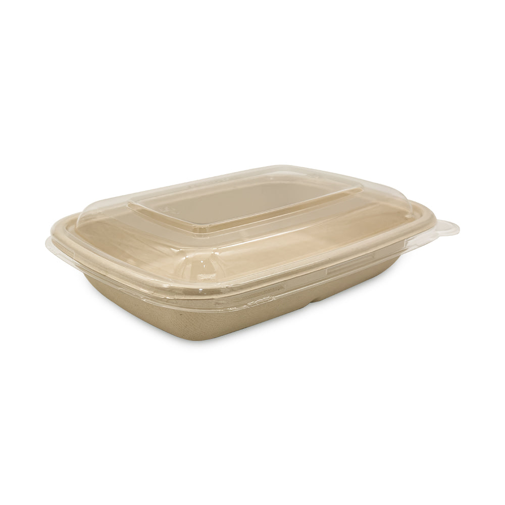 Beige food container with a clear lid on a white background