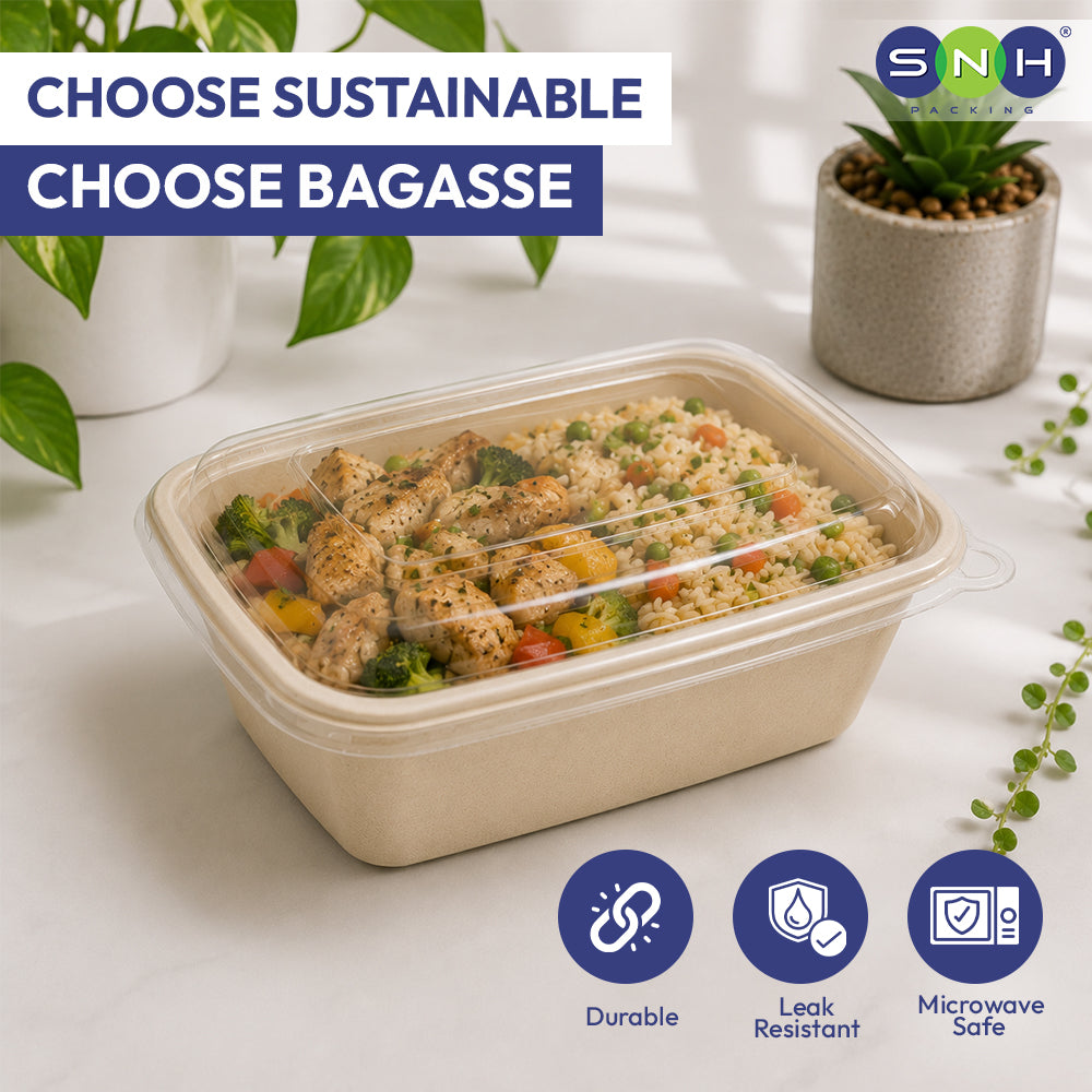 Biodegradable food container with meal inside, labeled 'Choose Sustainable Choose Bagasse', on a light background.