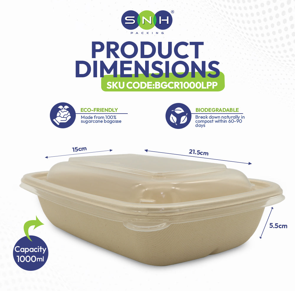 Beige container with dimensions and eco-friendly/biodegradable labels on a white background
