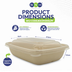 Beige container with dimensions and eco-friendly/biodegradable labels on a white background