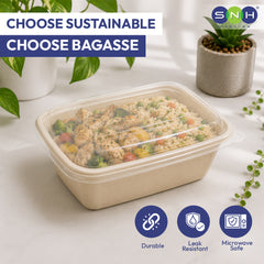 Biodegradable food container with food inside, labeled 'Choose Sustainable Choose Bagasse', with SNH logo.