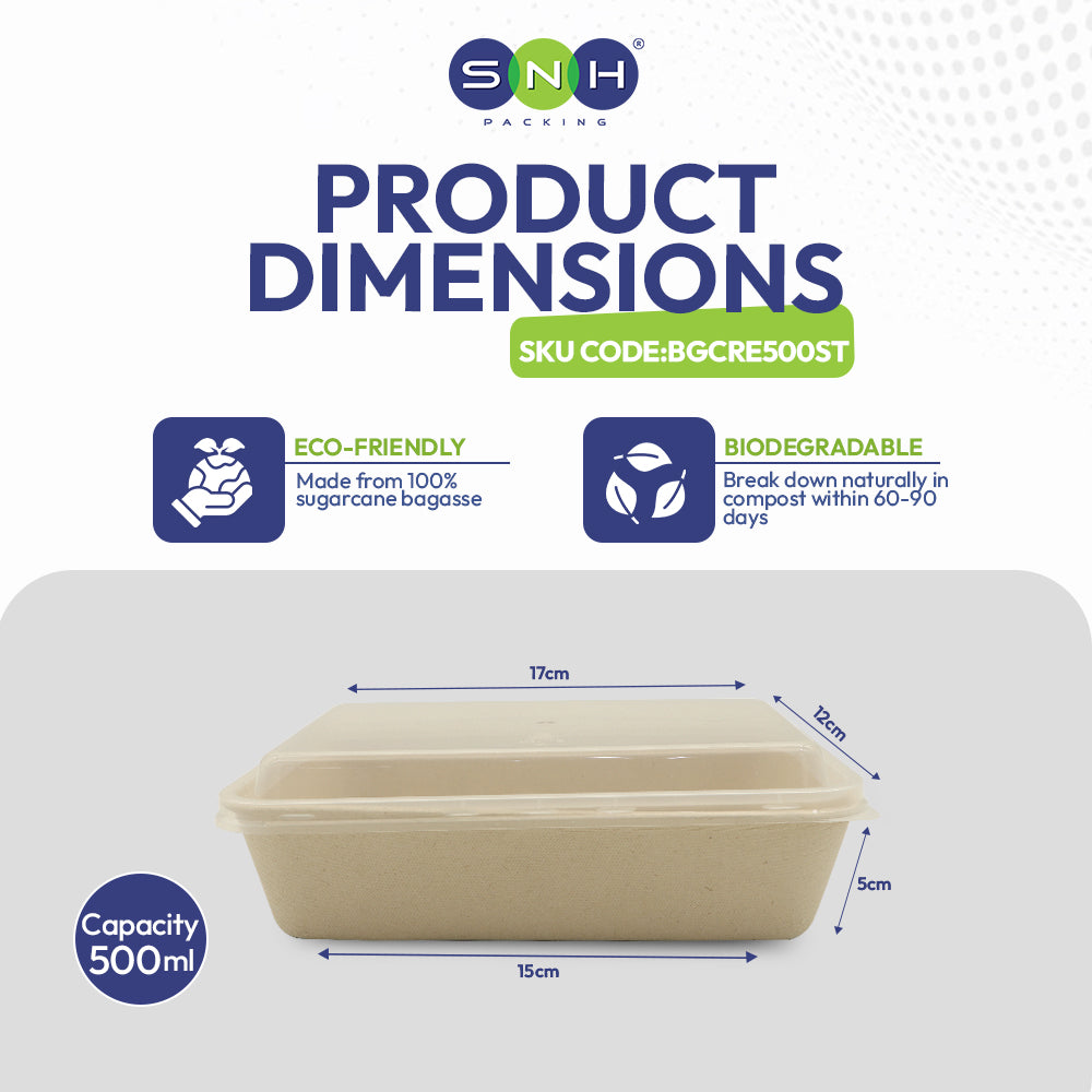 Product dimensions of a biodegradable container with SNH branding and eco-friendly features.