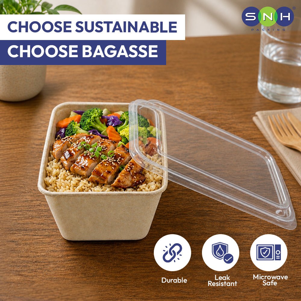 Bagasse Rectangular Food Containers with PP Lid 500ml 950ml - SNH Packing