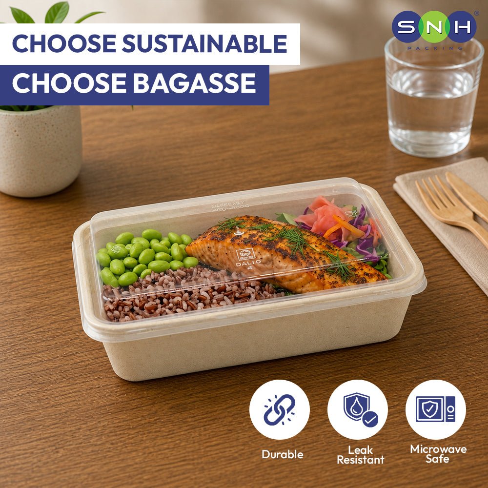Bagasse Rectangular Food Containers with PP Lid 500ml 950ml - SNH Packing