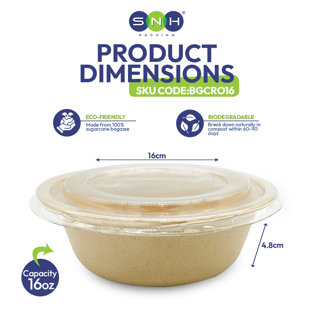Bagasse Round Containers with PET and PP Lids 12oz to 40oz