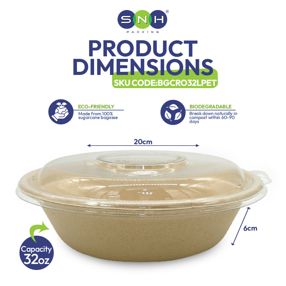 Bagasse Round Containers with PET and PP Lids 12oz to 40oz